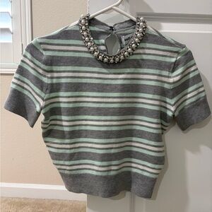 Self-Portrait Gray and White Striped Short Sleeve Top